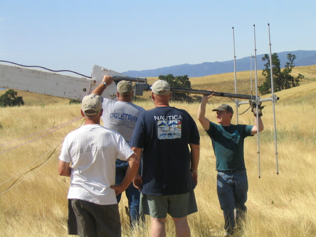 close up, setting up antennas on the crane truck