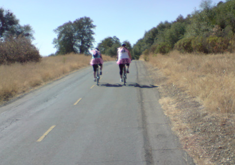 two riders dressed in pink on the course